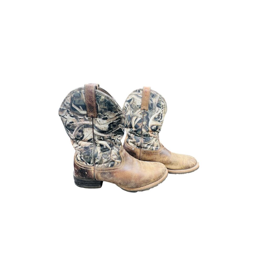 🤠 Ariat men 8.5D Camo Western Cowboy Work Boots Distressed Leather Outdoor - Picture 4 of 9